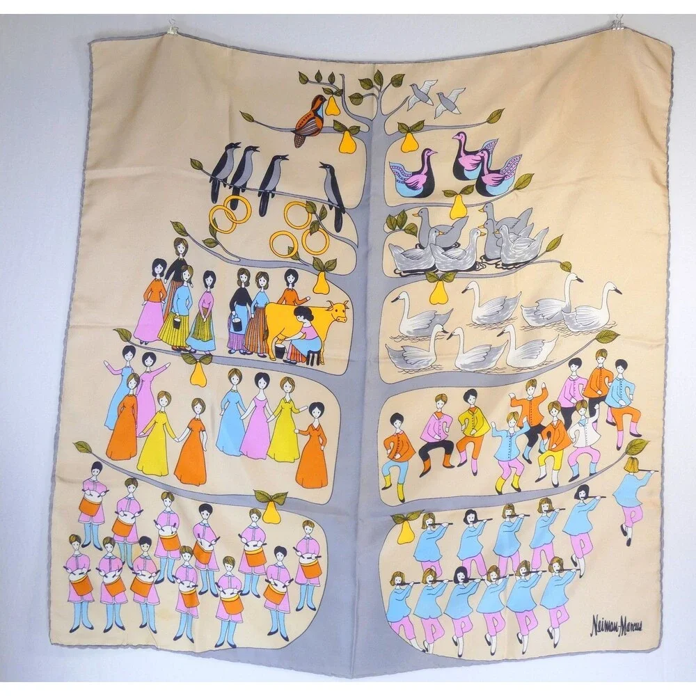 VTG Neiman Marcus 100% Silk Scarf Twelve Days of Christmas 30